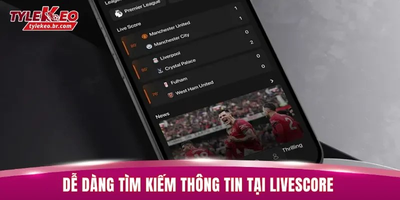 Dễ dàng tìm kiếm thông tin tại Livescore